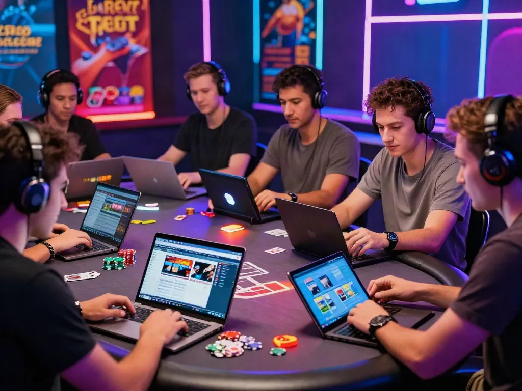 Players engaging with non gamstop sites around a sleek gaming table.