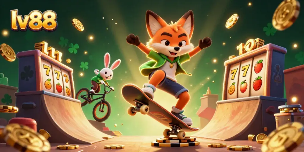 Experience the thrill of lv88 with a lively scene showing animated characters engaging in casino games.