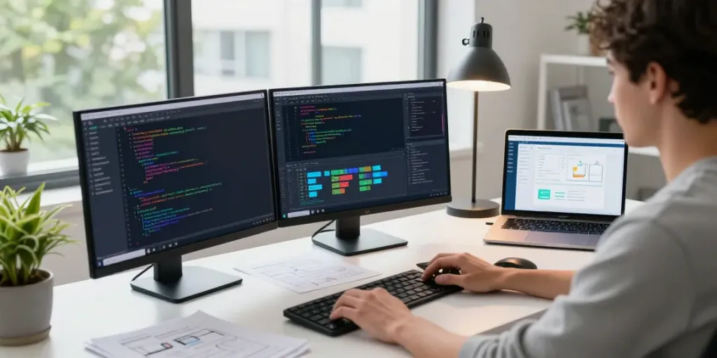 Professional workspace with multi-model API integration tools and coding setups.