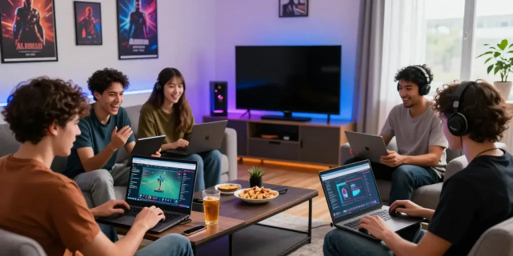 Group of friends enjoying gaming together, exploring non gamstop sites.