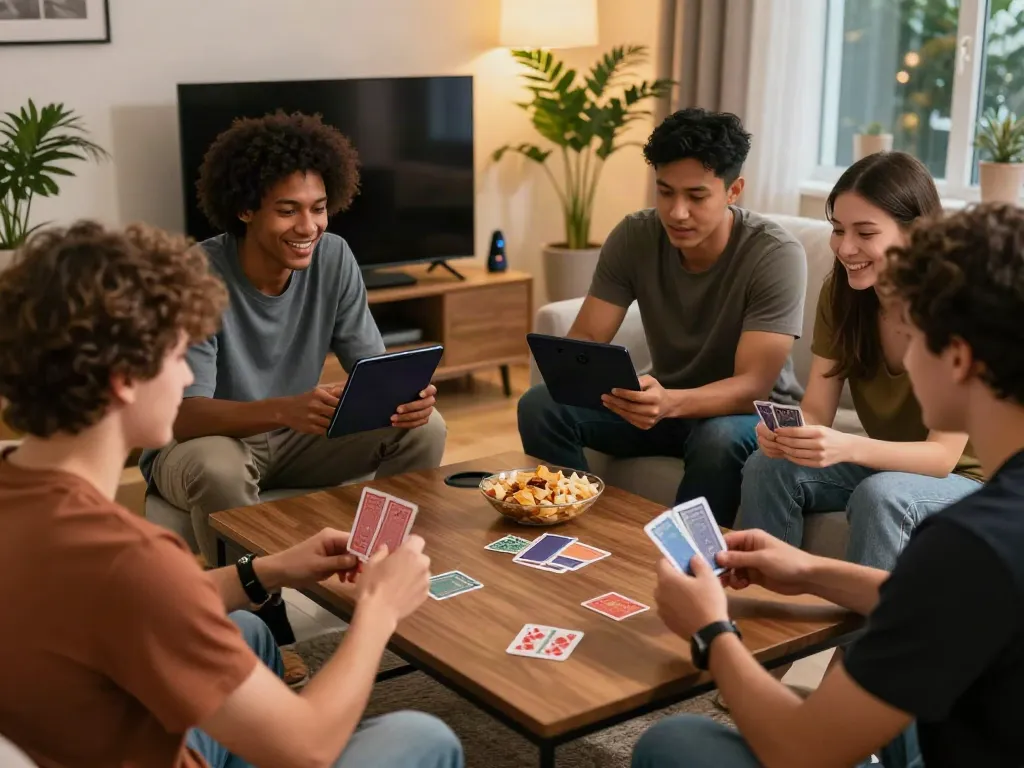 Friends excitedly exploring non gamstop sites while enjoying a gaming night