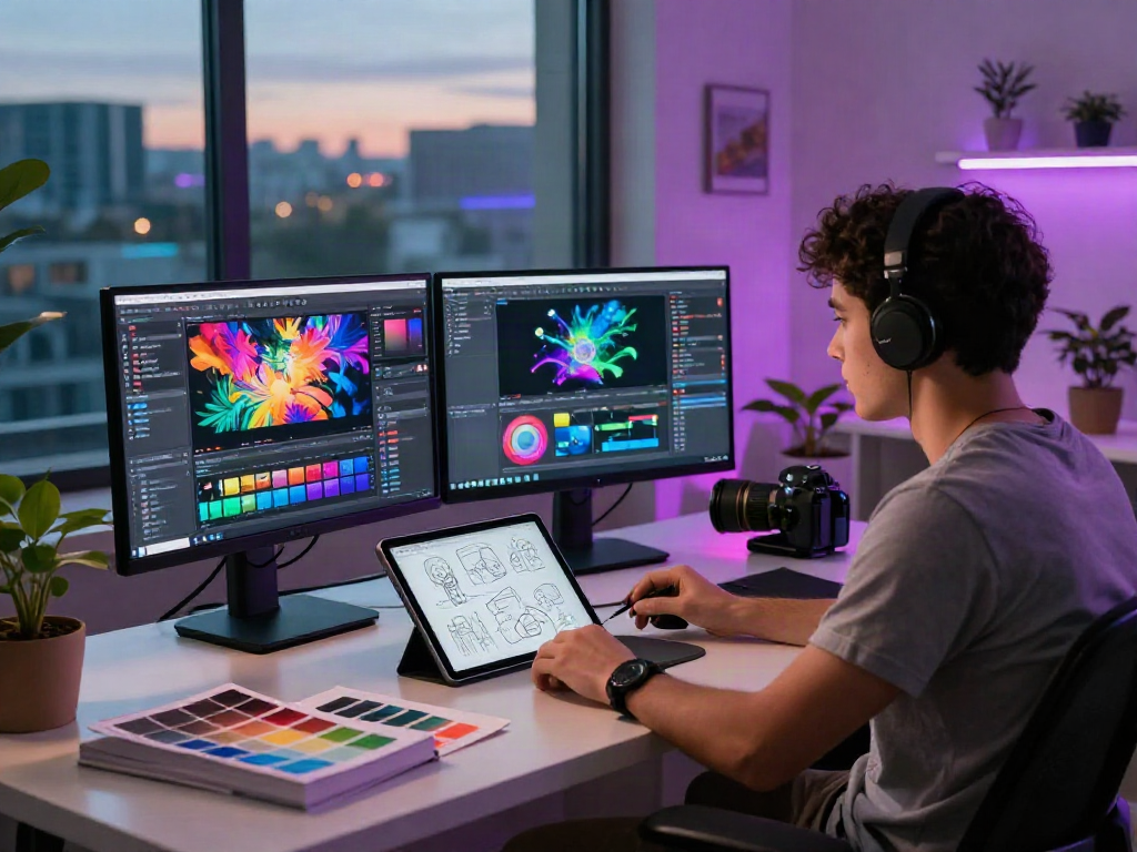 Engaging workspace with a content creator designing AI NSFW visuals, vibrant monitors, and creative tools.