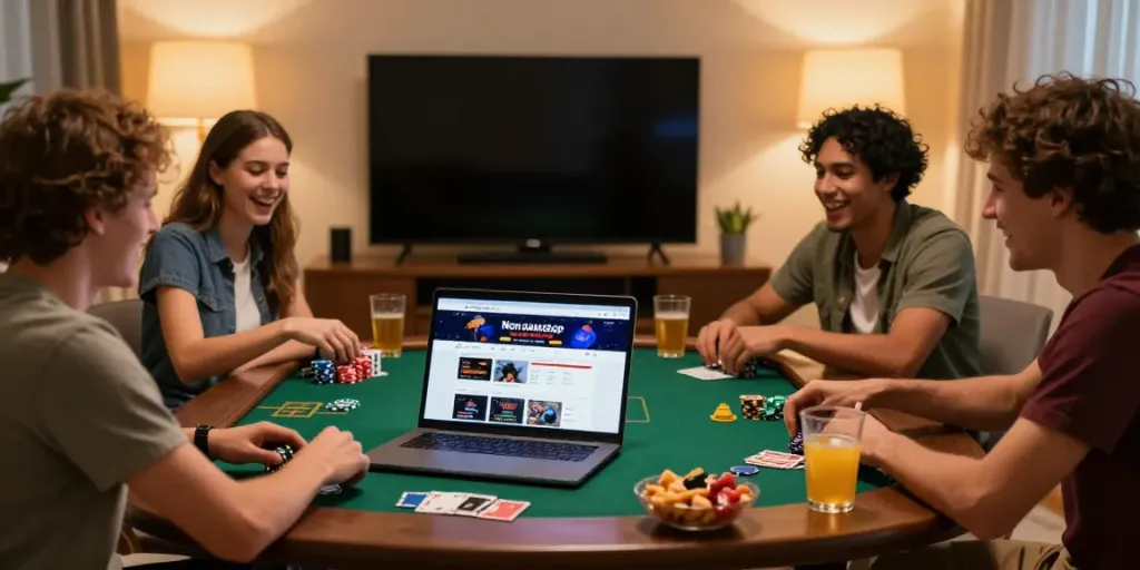 Gathering of friends exploring non gamstop sites during a fun gaming night in a cozy setting.