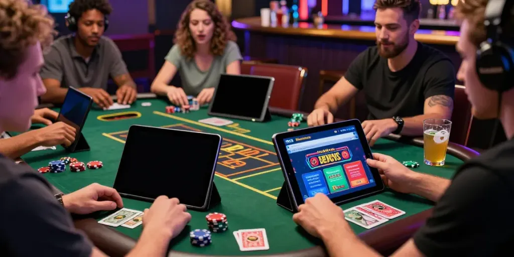 Exciting scene of players enjoying non gamstop sites in a lively online casino environment.