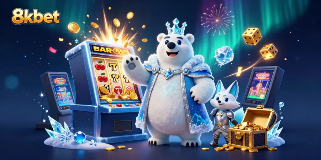 Experience the thrill of winning at 8xbet, featuring an enchanting polar bear and snow fox in a dazzling casino scene.