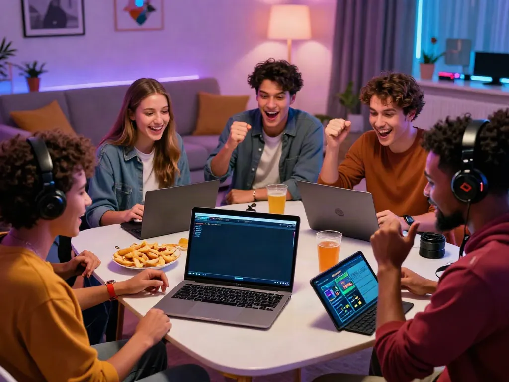 Diverse group of friends excitedly playing at non GamStop sites in a cozy living room with snacks, drinks, and vibrant decor.