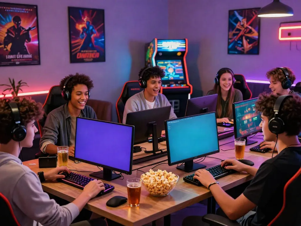 Friends enjoying online gaming at non gamstop sites with vibrant screens and snacks.
