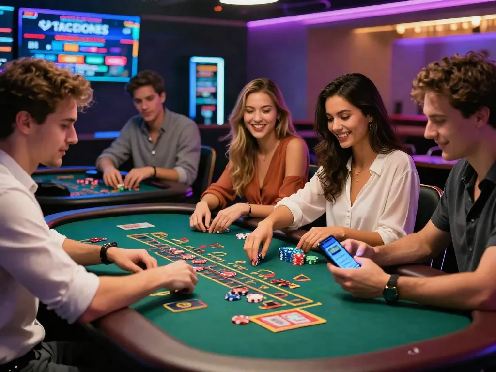 Engaging scene of players enjoying games at non Gamstop sites in a modern casino environment.