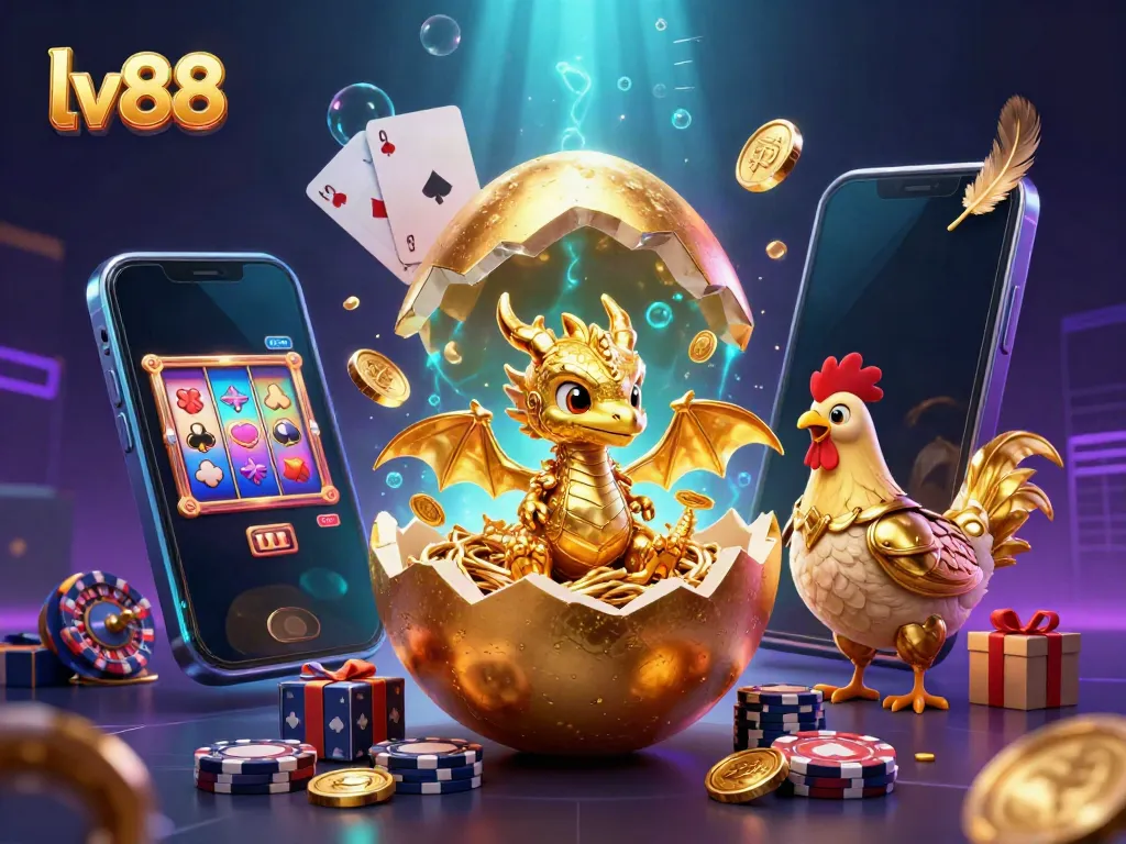 Experience thrilling casino energy with lv88 featuring a baby dragon, poker chips, and vibrant gaming elements.