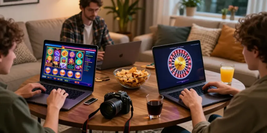 Players enjoying non GamStop sites from the comfort of their home with engaging games and snacks.