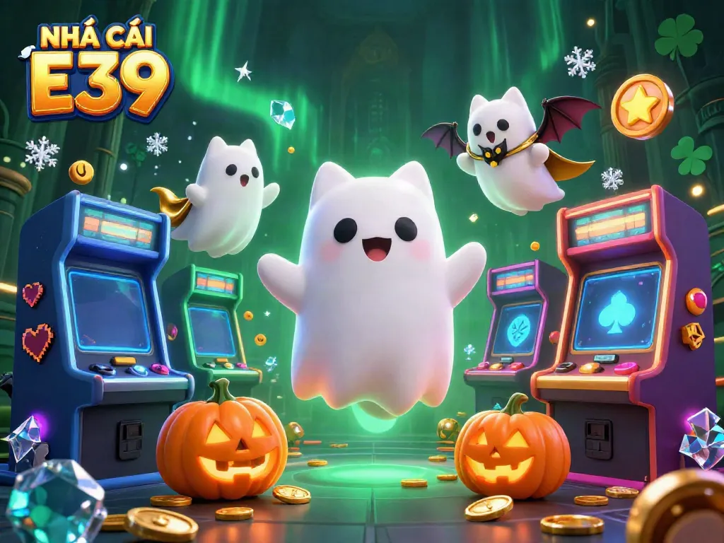 Experience thrilling fun with NHÀ CÁI E39 in this vibrant casino scene featuring unique characters and game elements.