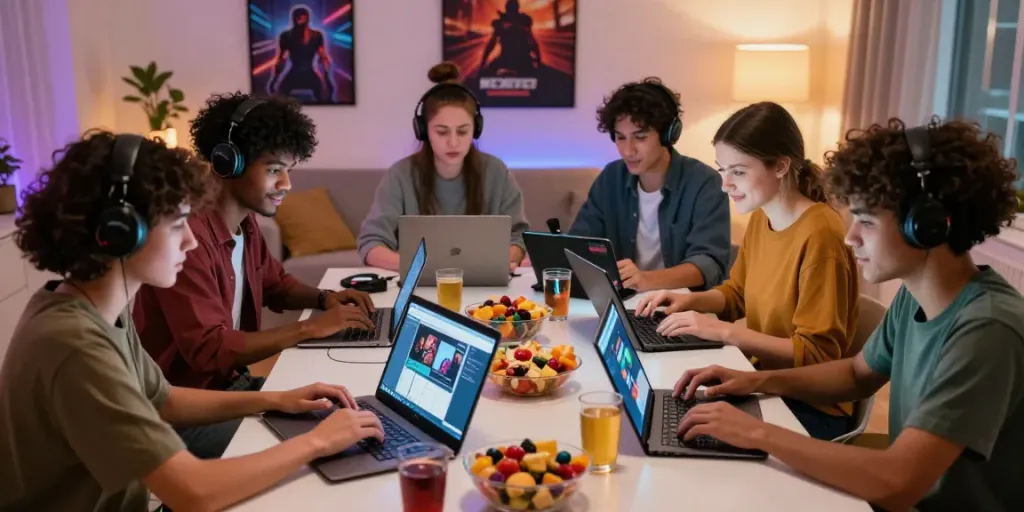 Group of friends enjoying games at non Gamstop sites in a cozy living room.