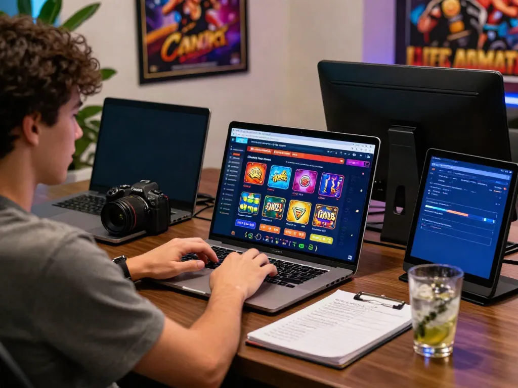 Engaging user exploring non Gamstop sites with dynamic gaming interface on laptop.