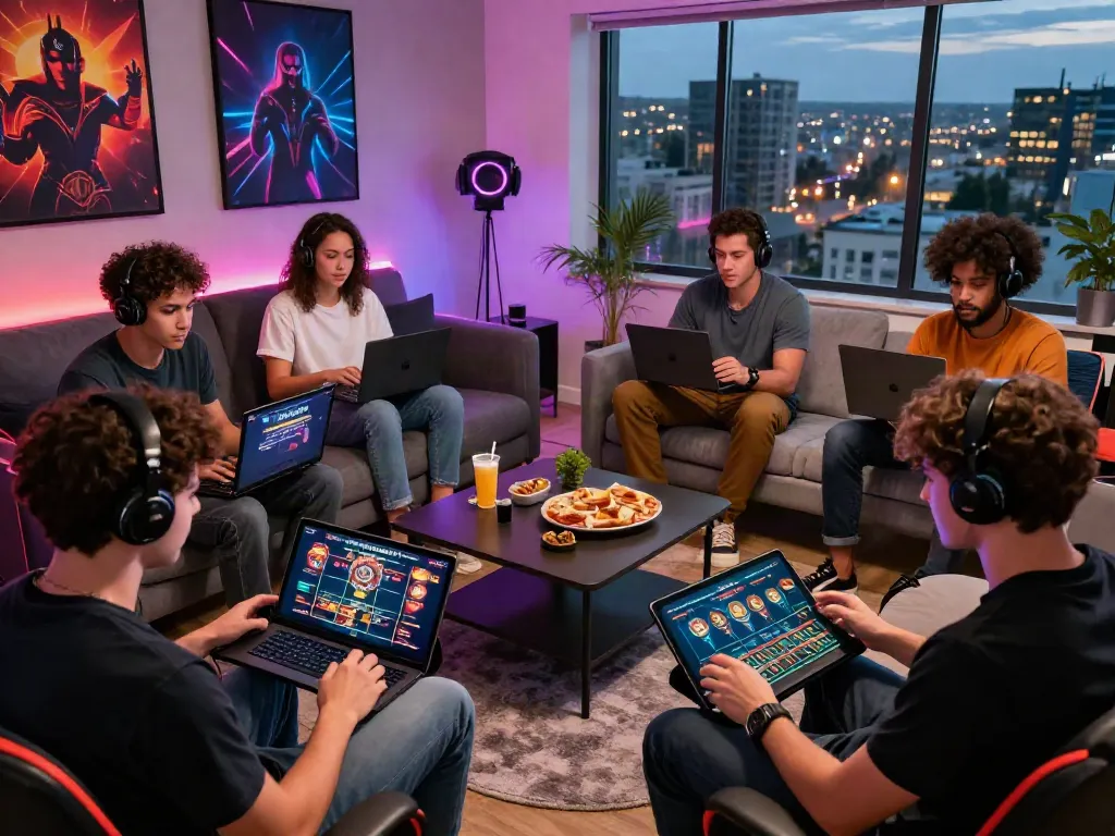 Engaging gaming room scene showcasing players enjoying non Gamstop sites with tablets and laptops surrounded by colorful decorations.