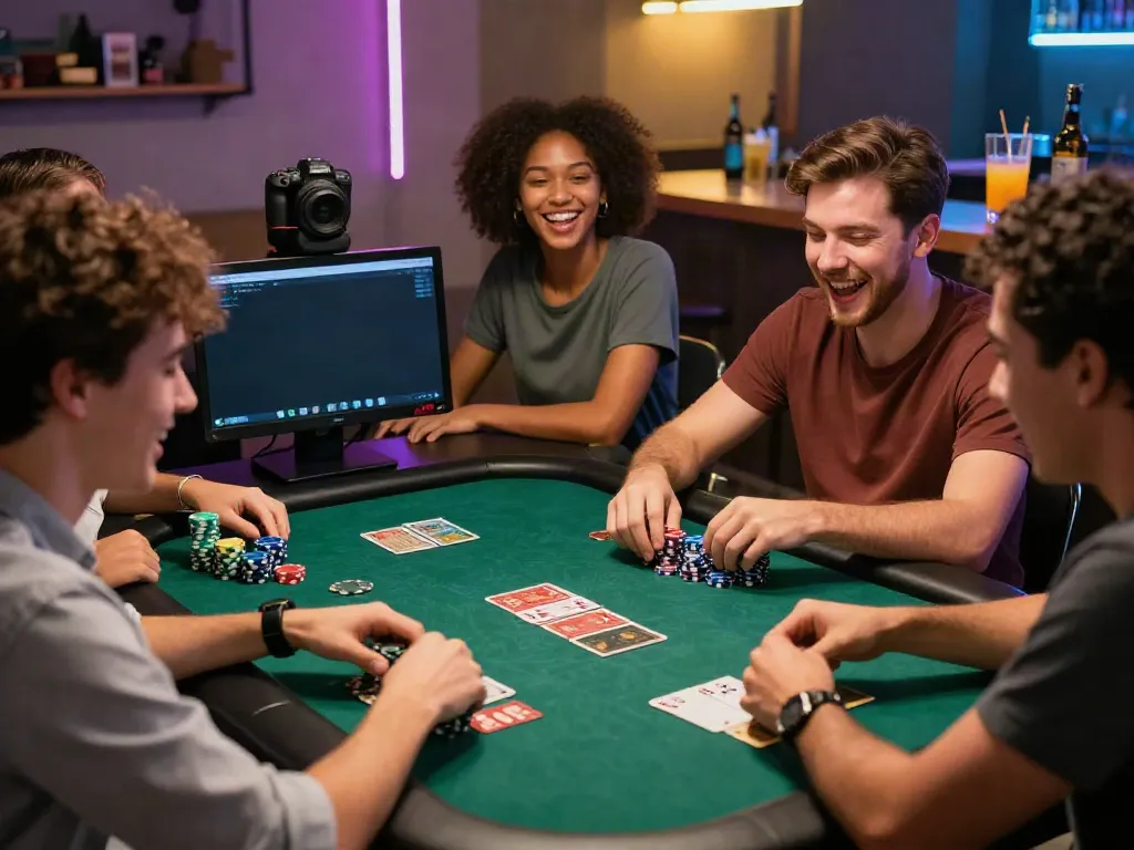 Friends enjoying card games at a vibrant home casino, highlighting non gamstop sites with engaging atmosphere.