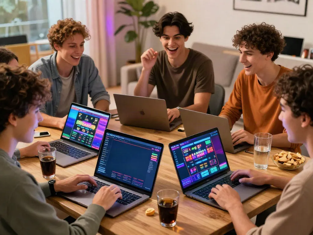 Group enjoying online games at non Gamstop sites in a lively home setting.