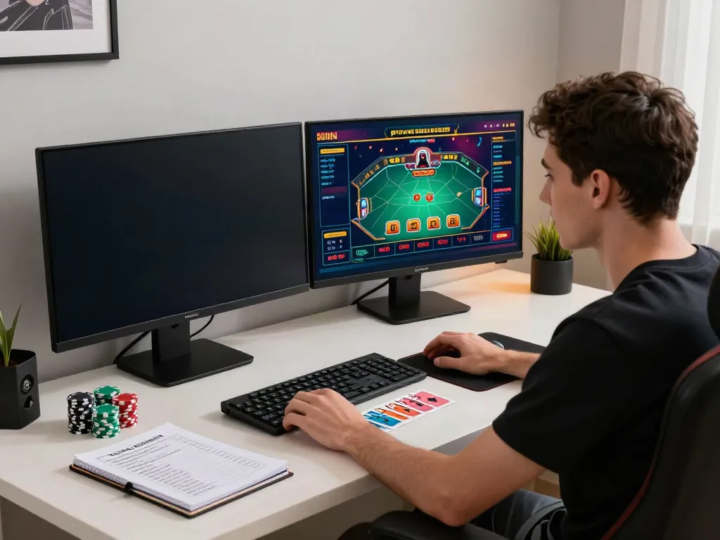 Player enjoying non gamstop sites on dual monitors during an online casino game.