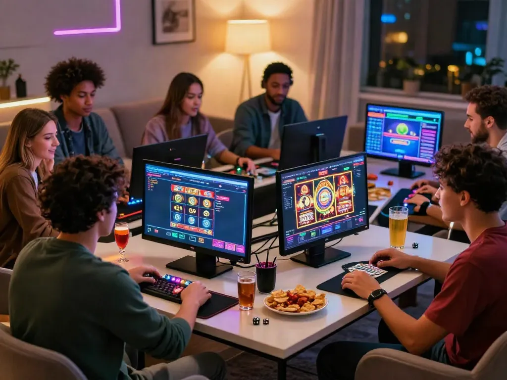 Friends enjoying games on non GamStop sites with vibrant atmosphere and snacks.