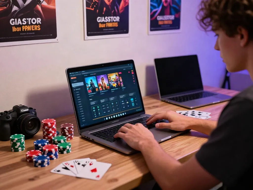 Engaged player at home exploring non Gamstop sites on a laptop.