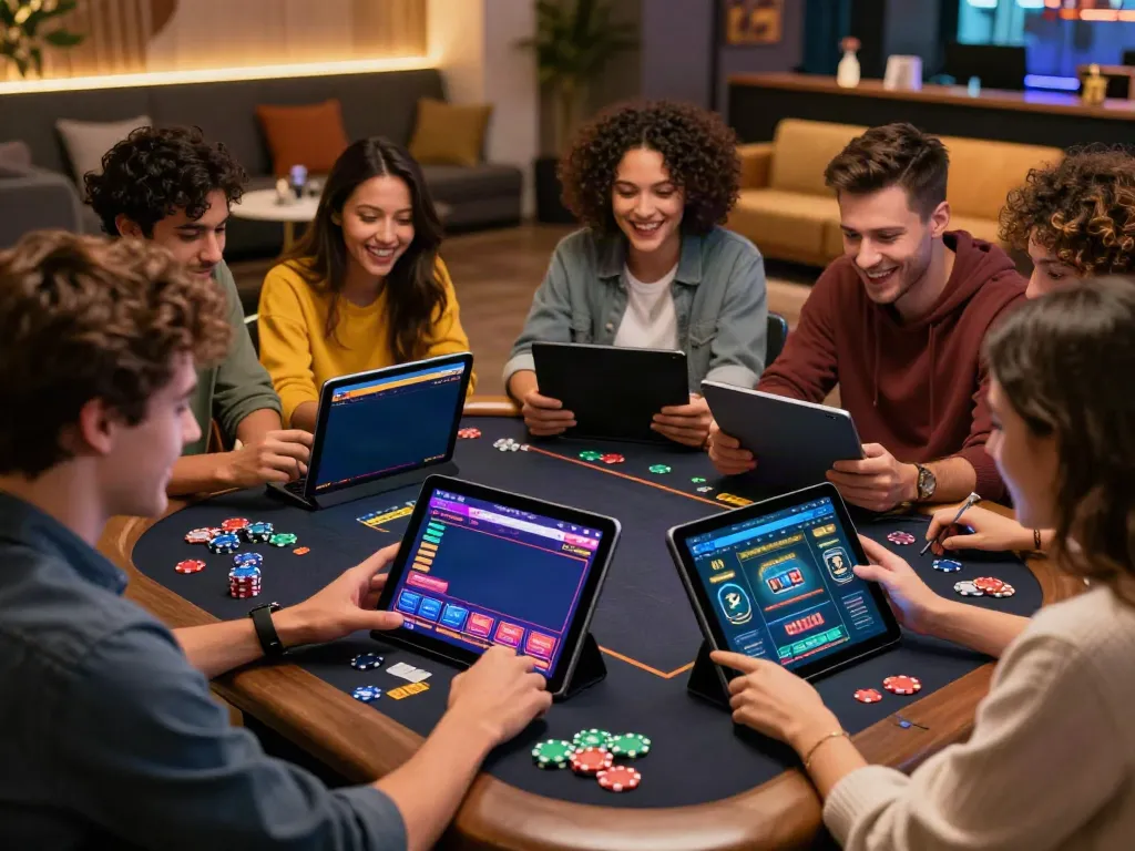 Enthusiastic friends exploring non Gamstop sites on a tablet in a vibrant casino setting.