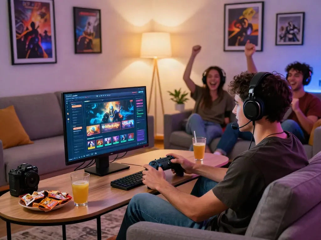 Engaging living room scene showcasing a young adult enjoying non gamstop sites while gaming with friends.