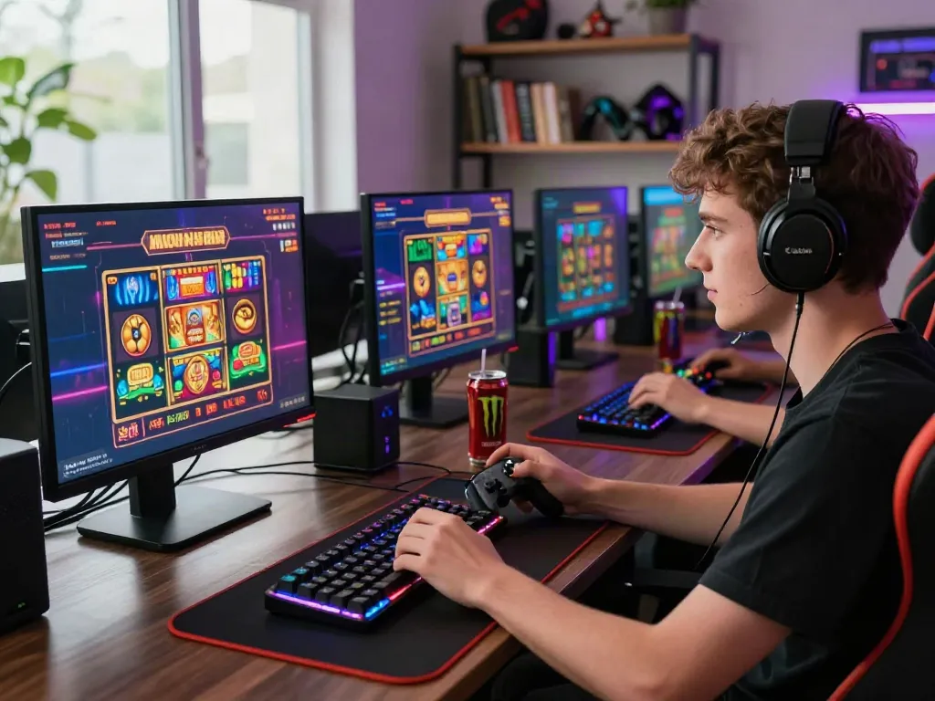 Engaging scene of a gamer exploring non gamstop sites on multiple monitors with dynamic graphics.