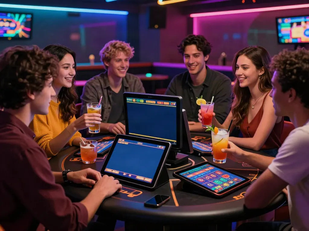 Exciting scene at non Gamstop sites with friends enjoying casino games and cocktails.
