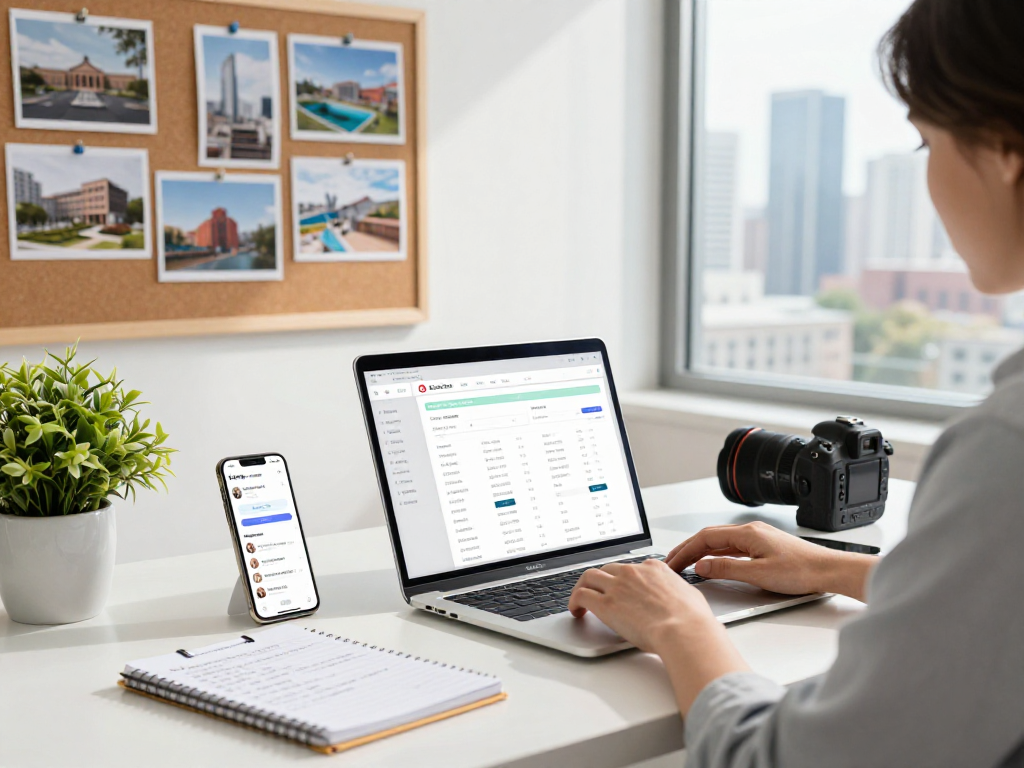 Dynamic office scene with an Airbnb host using the airbnb host fees calculator on a laptop, surrounded by property management notes and a city skyline view.
