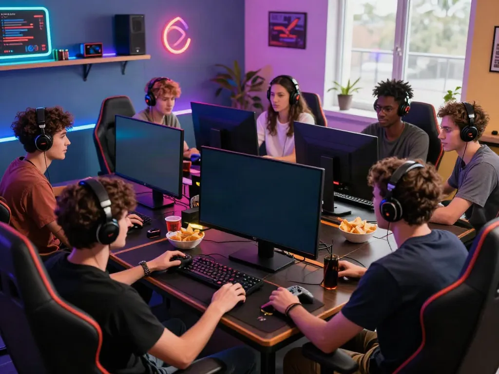 Group of friends enjoying non Gamstop sites in a vibrant gaming room, engaged in online casino games.