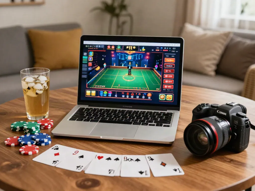 Dynamic scene showcasing non gamstop sites with a laptop and vibrant casino game elements.