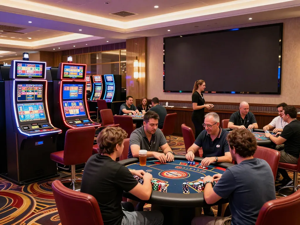 Engaging scene inside non gamstop sites casino with players at machines and tables.