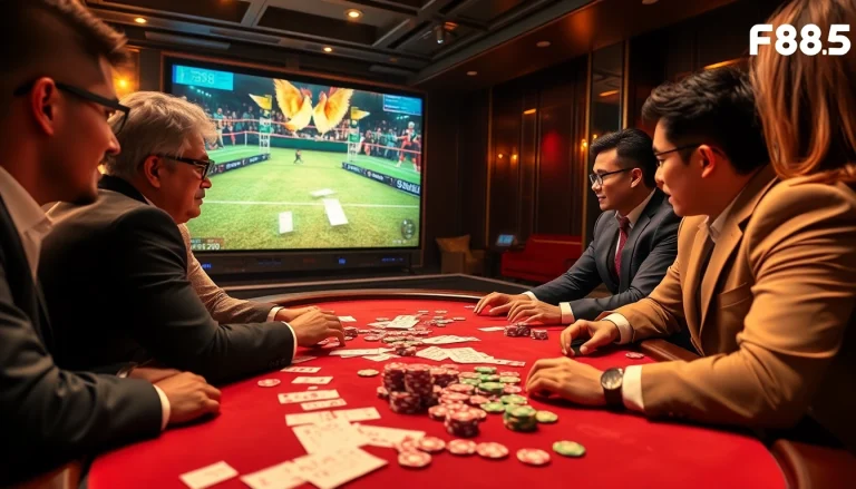 Đá Gà FB88 features an online cockfight gambling scene with engaged players and colorful betting slips.