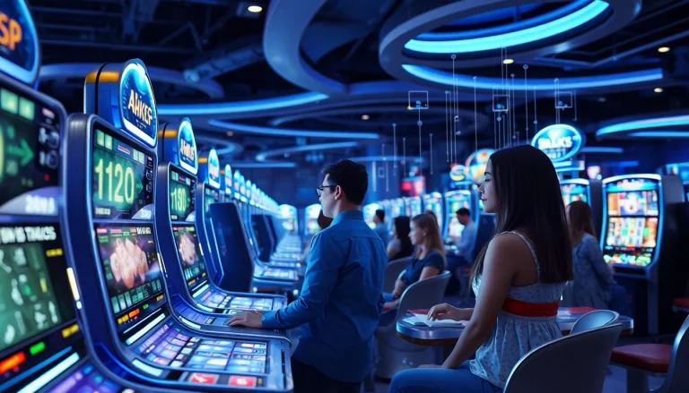 Explore the integration of New Technology in a modern casino atmosphere with futuristic gaming machines.
