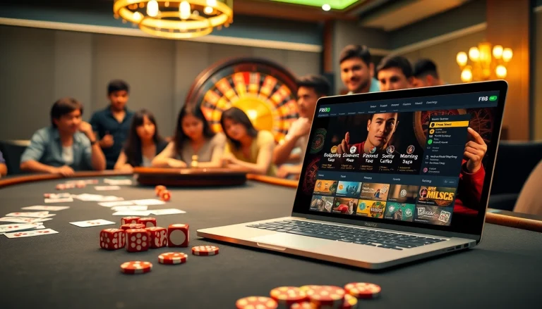 FB88 online casino scene featuring excited players at vibrant poker and roulette tables.