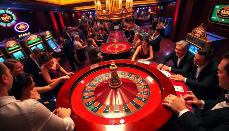 A lively gambling scene at a casino featuring players at tables, cards, and chips, showcasing experiences available at https://sbobet102.com/.