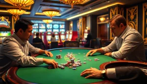 The thrill of game bài đổi thưởng as players bet at an exciting poker table in a luxurious casino.