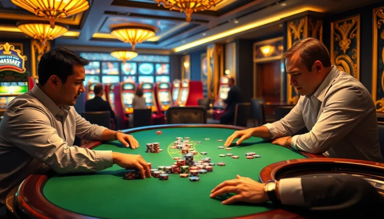 The thrill of game bài đổi thưởng as players bet at an exciting poker table in a luxurious casino.