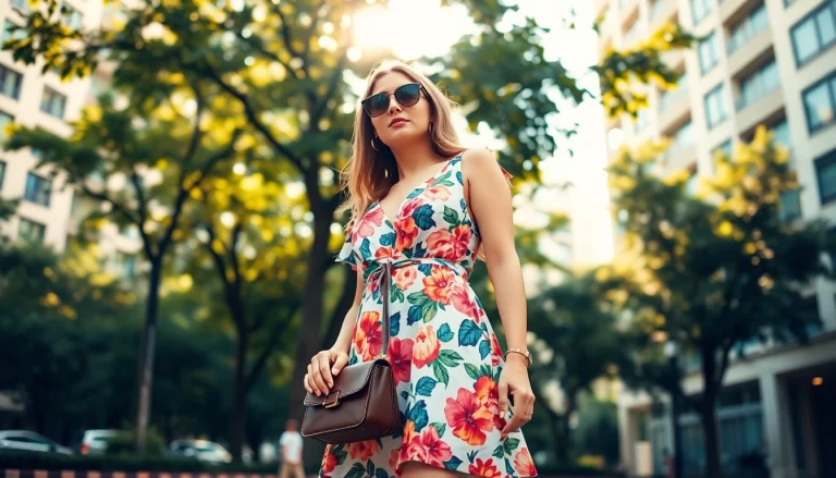 Explore trendy Women Fashion with a model showcasing vibrant styles in a sunny urban setting.