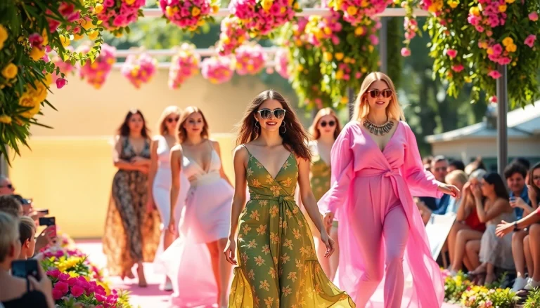 Models in a women fashion show wearing vibrant outfits in a sunlit outdoor setting.