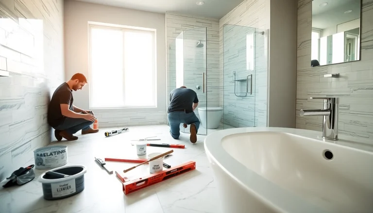 Bathroom remodeling contractors expertly installing elegant tiles in a modern bathroom.