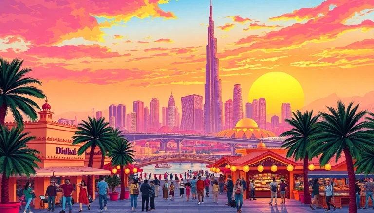 Travel to Dubai, showcasing iconic skyline views at sunset with tourists exploring vibrant attractions.