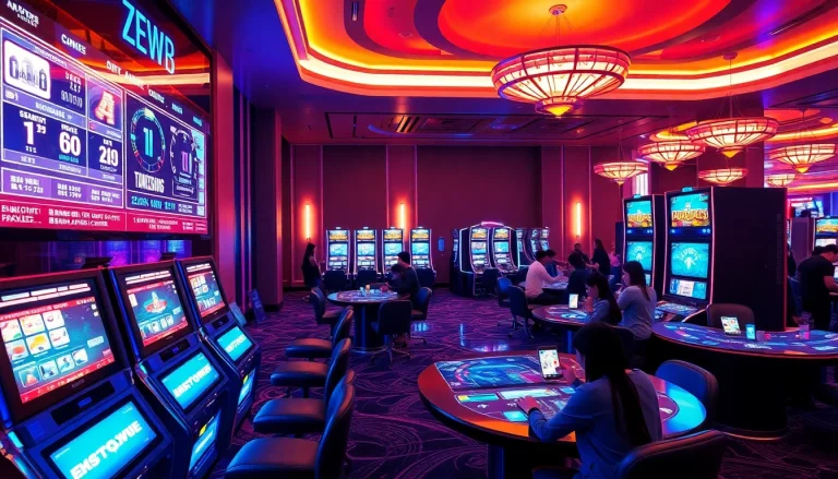 An immersive casino featuring New Technology, with advanced gaming machines and augmented reality overlays.