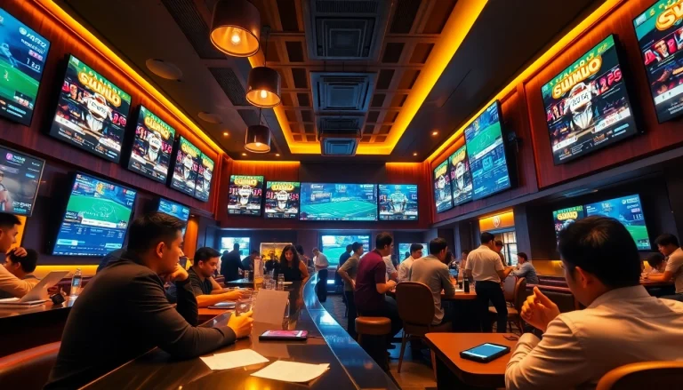 Excited bettors engaging in SV88 sports betting at a lively bar with multiple screens.