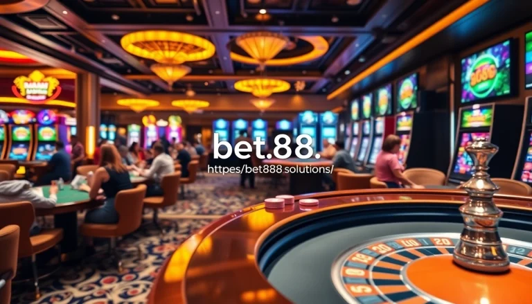 Experience the excitement of the casino floor at https://bet888.solutions/ with players enjoying poker and blackjack under warm lights.