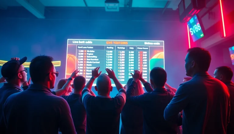 Engaging SV88 sports betting scene showcasing enthusiastic bettors and live digital odds.