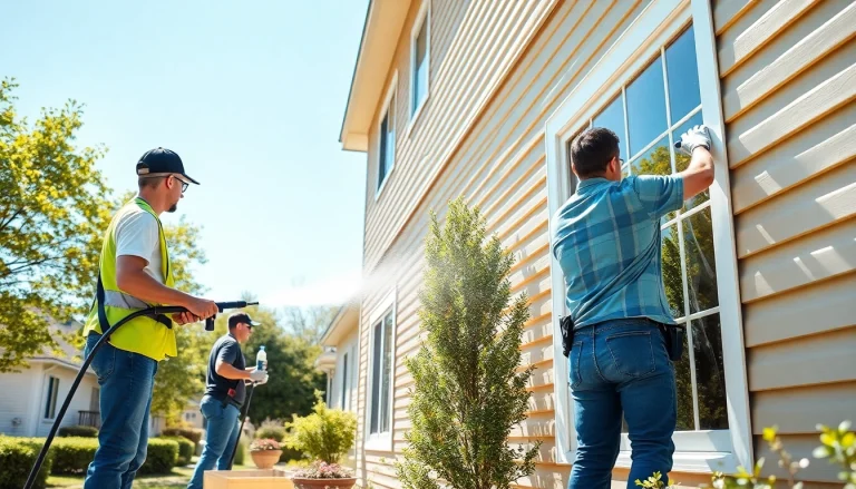 Expert exterior cleaning team revitalizing a home's facade.
