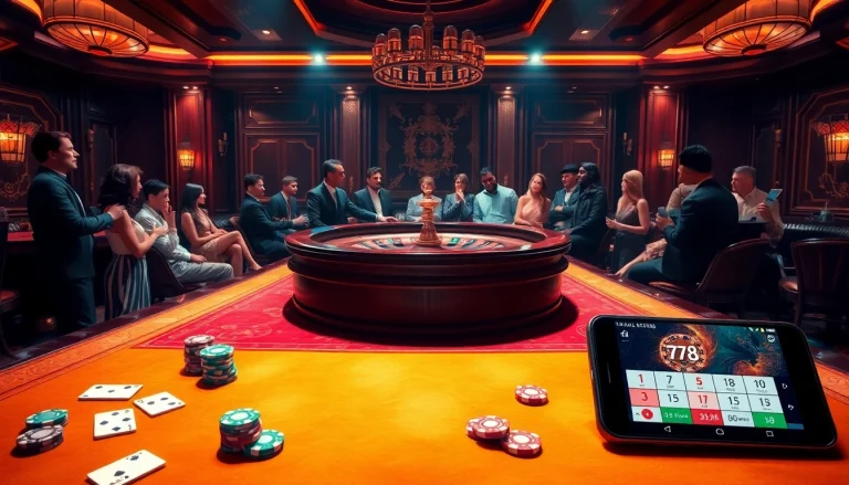 Experience the thrill of winning at 78win with an elegant casino scene featuring roulette, poker chips, and players engrossed in the action.