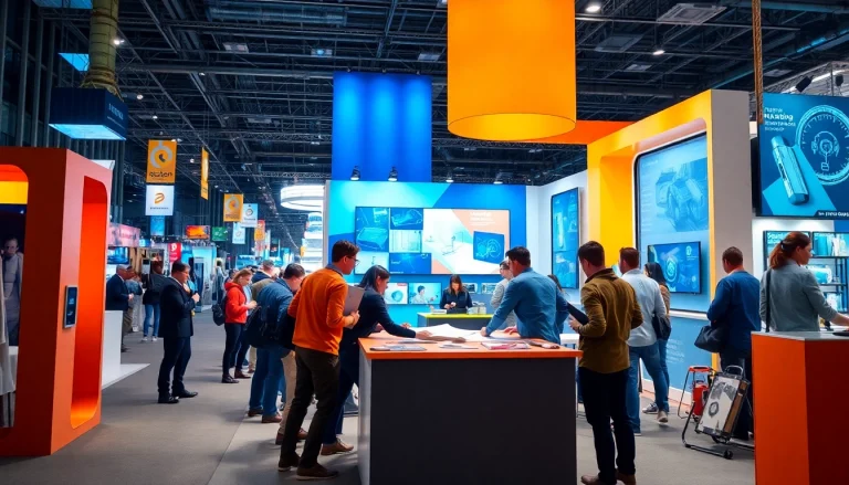 Discover a custom exhibition stand builder UK creating innovative designs in a bustling cityscape filled with excitement.