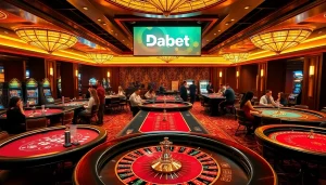 Dabet casino experience showcasing glamorous table games and players engaged in thrilling bets.