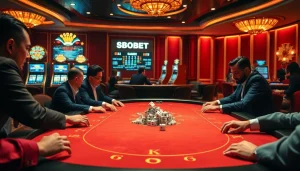 SBOBET players experience the thrill of high-stakes poker in a luxurious casino setting, showcasing excitement and strategy.